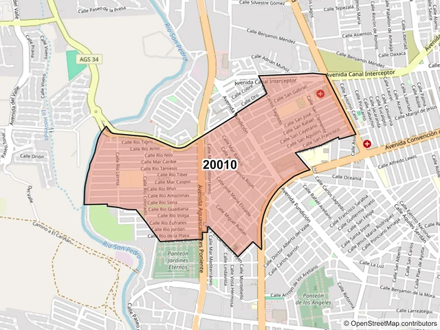 Mapa del código postal 20010, Aguascalientes, Aguascalientes