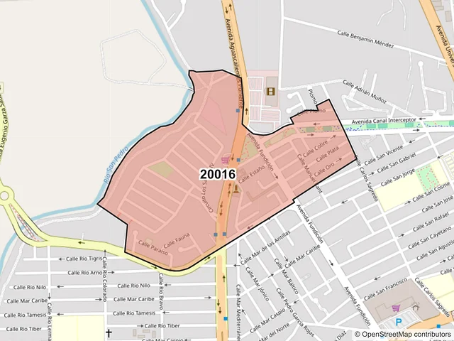 Mapa del código postal 20016, Aguascalientes, Aguascalientes