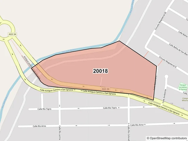 Mapa del código postal 20018, Aguascalientes, Aguascalientes