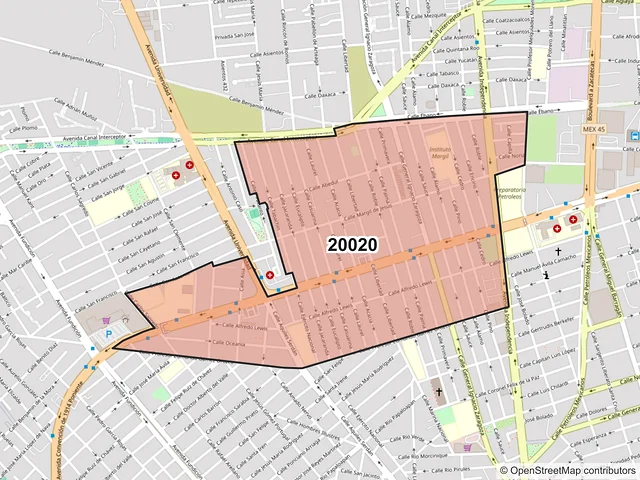Mapa del código postal 20020, Aguascalientes, Aguascalientes