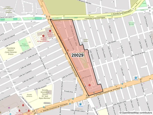 Mapa del código postal 20029, Aguascalientes, Aguascalientes