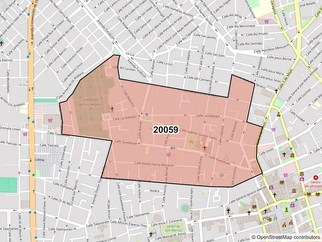 Mapa del código postal 20059, Aguascalientes, Aguascalientes