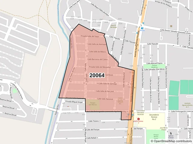 Mapa del código postal 20064, Aguascalientes, Aguascalientes