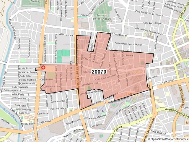 Mapa del código postal 20070, Aguascalientes, Aguascalientes