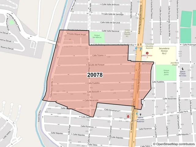 Mapa del código postal 20078, Aguascalientes, Aguascalientes