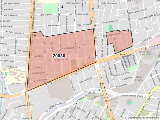 Mapa del código postal 20080, Aguascalientes, Aguascalientes