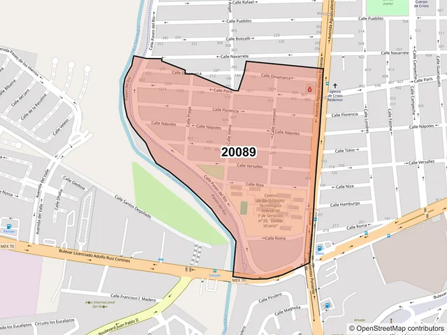 Mapa del código postal 20089, Aguascalientes, Aguascalientes