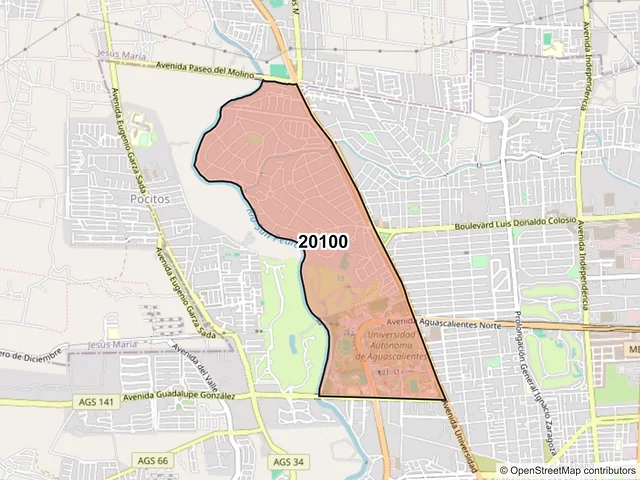 Mapa del código postal 20100, Aguascalientes, Aguascalientes