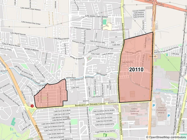Mapa del código postal 20110, Aguascalientes, Aguascalientes