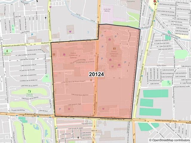 Mapa del código postal 20124, Aguascalientes, Aguascalientes