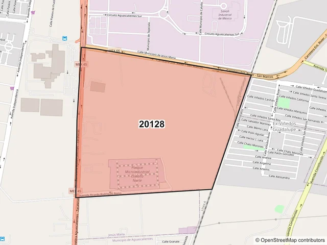 Mapa del código postal 20128, Aguascalientes, Aguascalientes