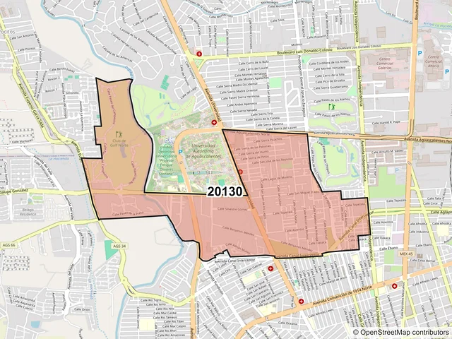 Mapa del código postal 20130, Aguascalientes, Aguascalientes