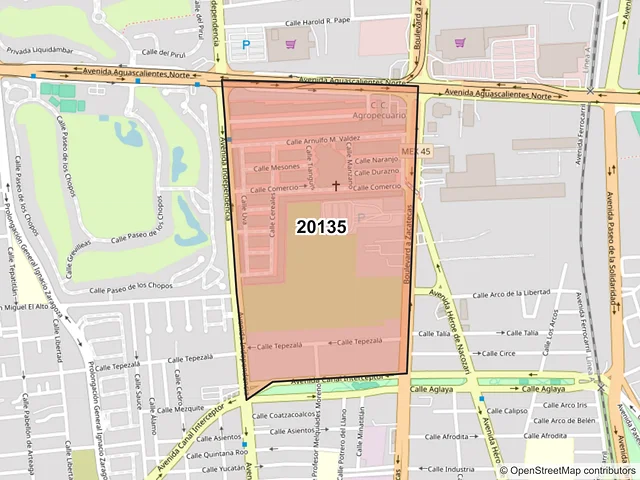 Mapa del código postal 20135, Aguascalientes, Aguascalientes
