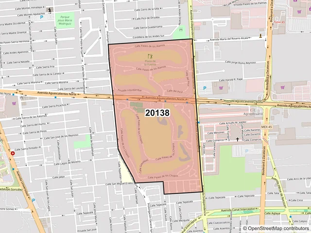 Mapa del código postal 20138, Aguascalientes, Aguascalientes