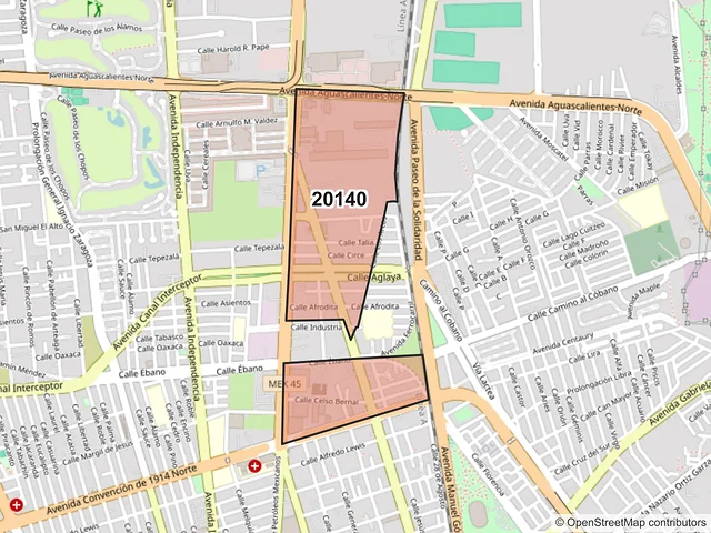 Mapa del código postal 20140, Aguascalientes, Aguascalientes