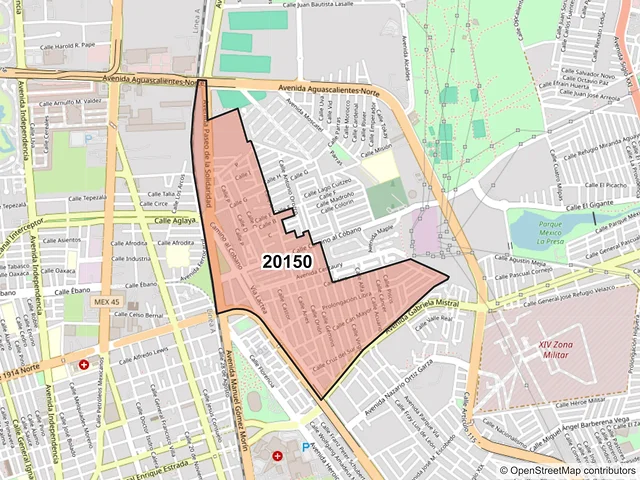 Mapa del código postal 20150, Aguascalientes, Aguascalientes