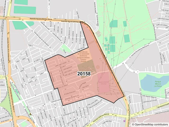 Mapa del código postal 20158, Aguascalientes, Aguascalientes