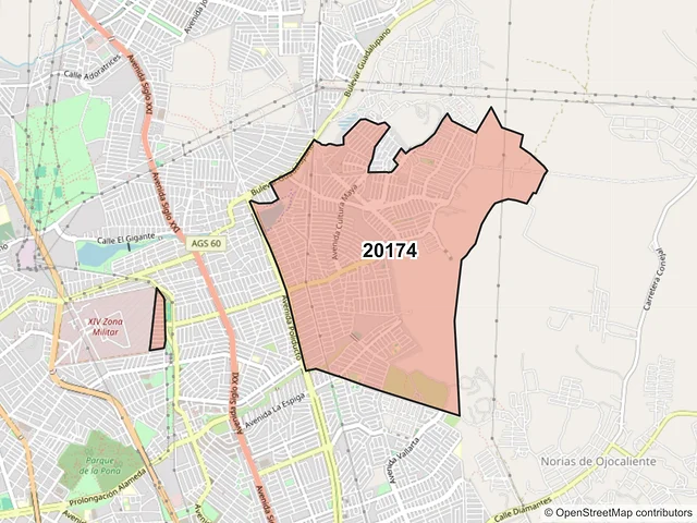 Mapa del código postal 20174, Aguascalientes, Aguascalientes