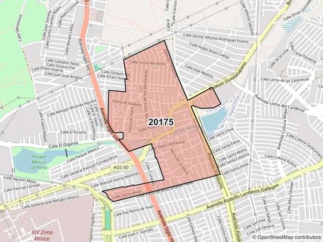 Mapa del código postal 20175, Aguascalientes, Aguascalientes
