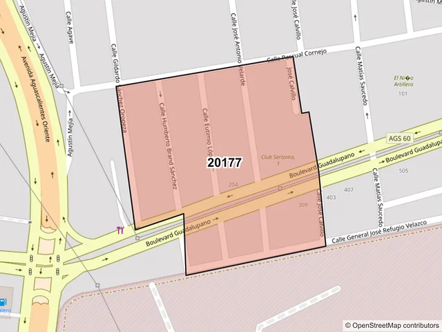 Mapa del código postal 20177, Aguascalientes, Aguascalientes