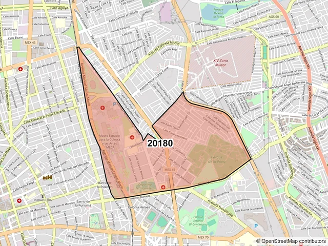 Mapa del código postal 20180, Aguascalientes, Aguascalientes