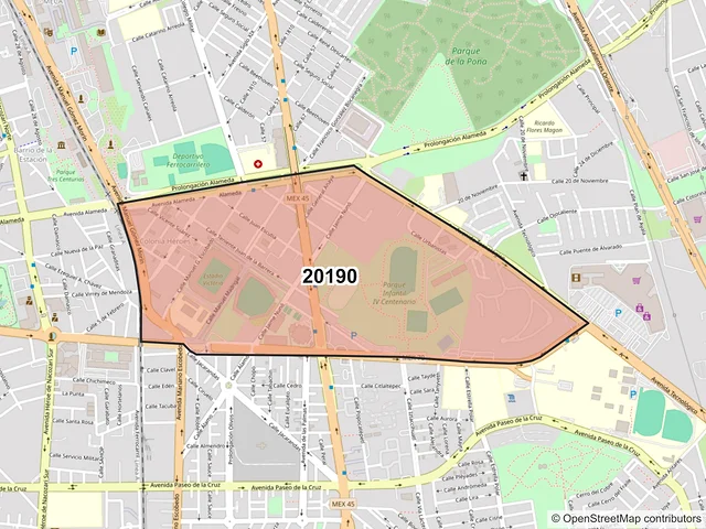 Mapa del código postal 20190, Aguascalientes, Aguascalientes