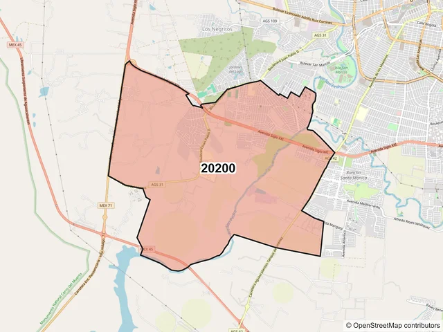 Mapa del código postal 20200, Aguascalientes, Aguascalientes