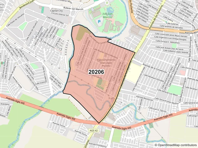 Mapa del código postal 20206, Aguascalientes, Aguascalientes
