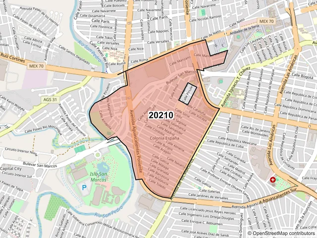 Mapa del código postal 20210, Aguascalientes, Aguascalientes