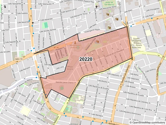 Mapa del código postal 20220, Aguascalientes, Aguascalientes