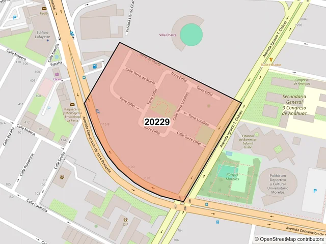 Mapa del código postal 20229, Aguascalientes, Aguascalientes