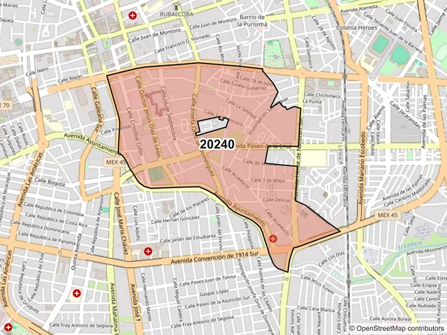 Mapa del código postal 20240, Aguascalientes, Aguascalientes