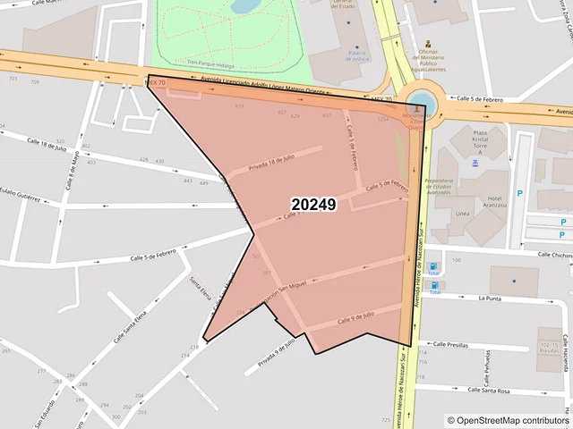 Mapa del código postal 20249, Aguascalientes, Aguascalientes