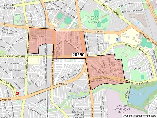 Mapa del código postal 20250, Aguascalientes, Aguascalientes