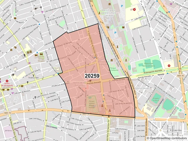 Mapa del código postal 20259, Aguascalientes, Aguascalientes