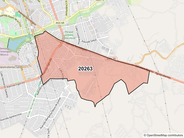 Mapa del código postal 20263, Aguascalientes, Aguascalientes