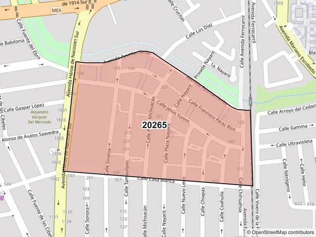 Mapa del código postal 20265, Aguascalientes, Aguascalientes