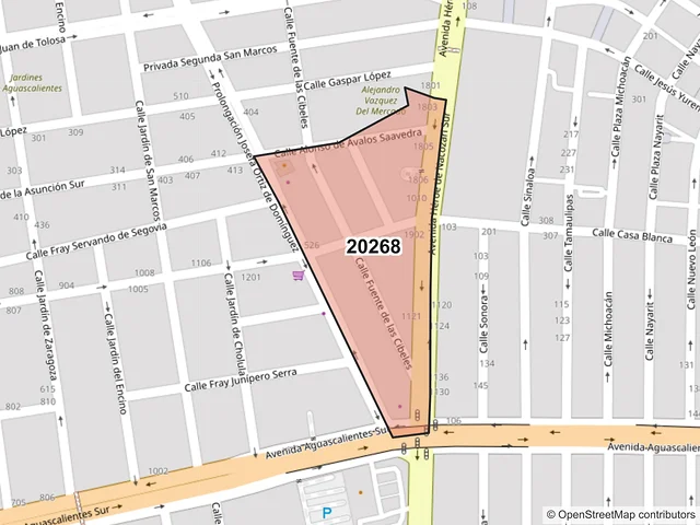 Mapa del código postal 20268, Aguascalientes, Aguascalientes