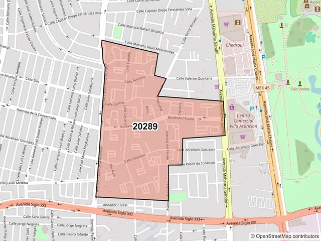 Mapa del código postal 20289, Aguascalientes, Aguascalientes