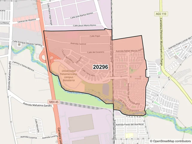 Mapa del código postal 20296, Aguascalientes, Aguascalientes