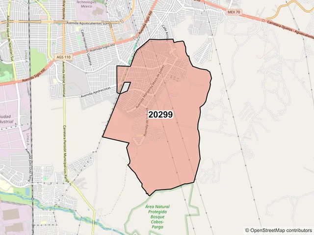 Mapa del código postal 20299, Aguascalientes, Aguascalientes
