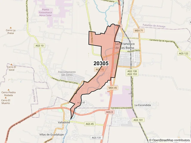 Mapa del código postal 20305, San Francisco de los Romo, Aguascalientes