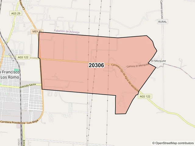 Mapa del código postal 20306, San Francisco de los Romo, Aguascalientes