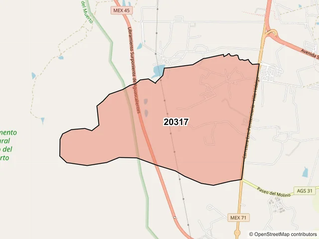 Mapa del código postal 20317, Aguascalientes, Aguascalientes