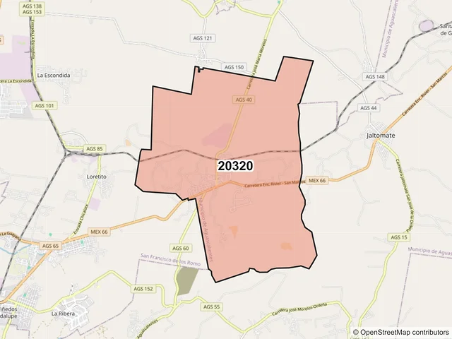 Mapa del código postal 20320, Aguascalientes, Aguascalientes