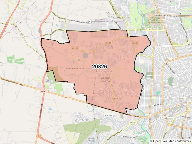 Mapa del código postal 20326, Aguascalientes, Aguascalientes