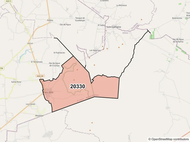 Mapa del código postal 20330, El Llano, Aguascalientes