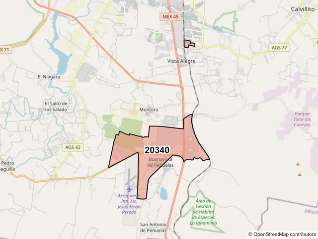 Mapa del código postal 20340, Aguascalientes, Aguascalientes
