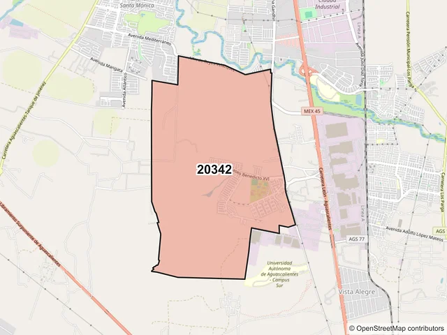 Mapa del código postal 20342, Aguascalientes, Aguascalientes