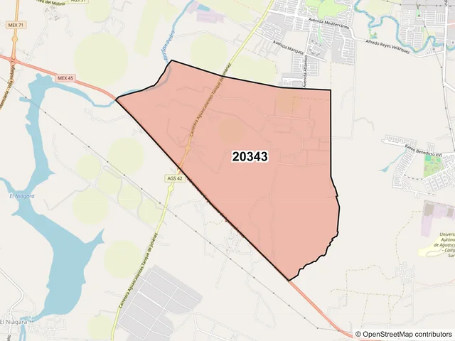 Mapa del código postal 20343, Aguascalientes, Aguascalientes